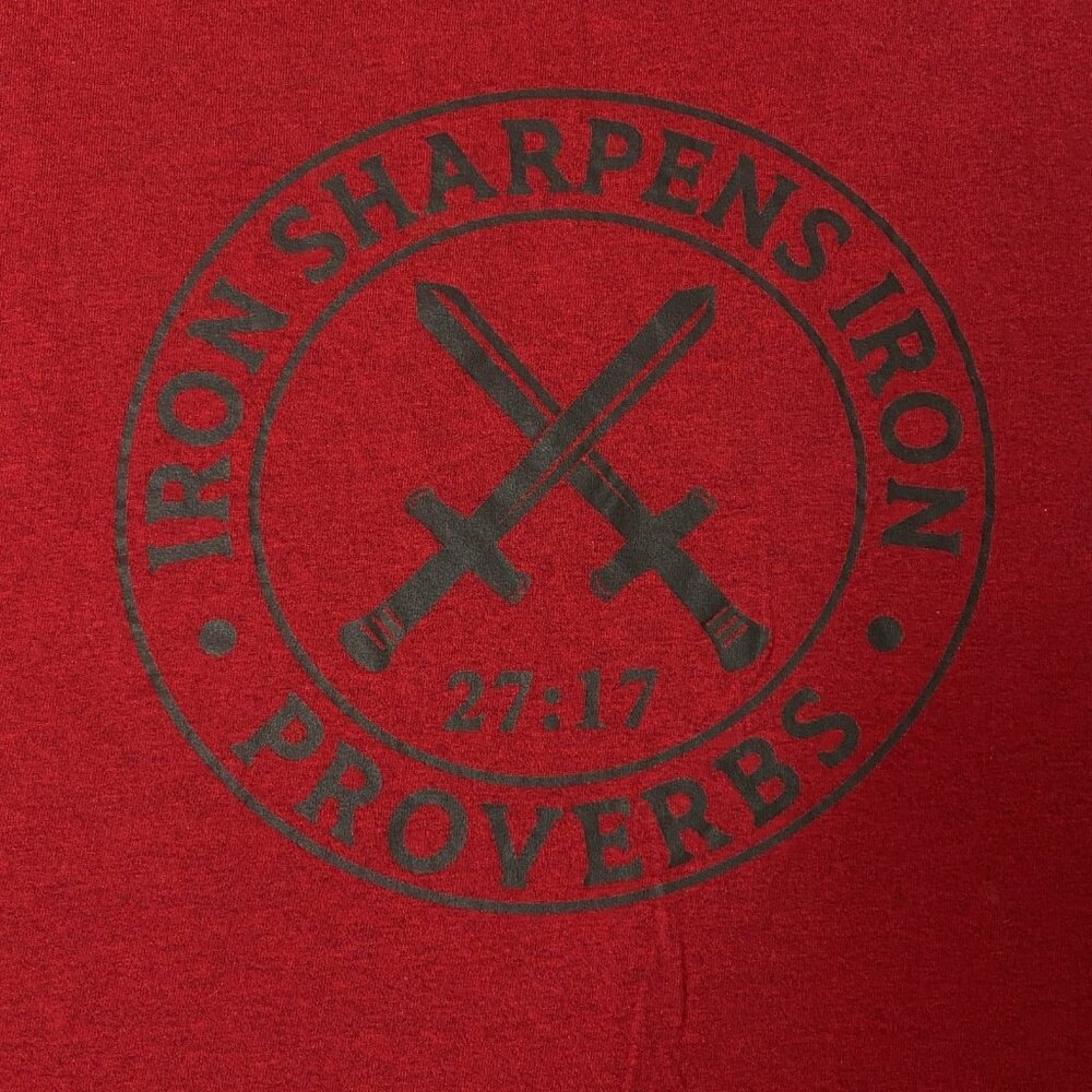 Iron Sharpens Iron Proverbs 27:17 Mens XL Christian Jesus T-Shirt Flag Dark Red